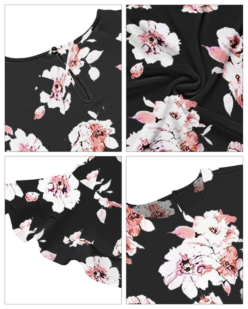 luvamia Women's Casual 3/4 Tiered Bell Sleeve Crewneck Loose Tops Blouses Shirt D Floral Print Black Size L - Image 3